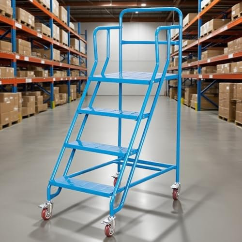 Escalera con Ruedas Escalera de Almacén de 4/6 Peldaños con Plataforma, Escalera de Tijera Móvil de Alta Resistencia, Taburete Industrial para Garaje, Escaleras de Plataforma para Adultos(Blue,Platfor