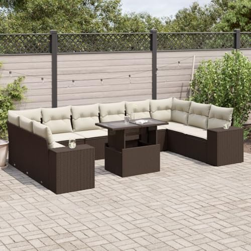 QJBSAVVA 11-TLG. Gartenmöbel Set aus braunem PE-Rattan mit höhenverstellbarem Tisch 100 x 55 cm Robustes Loungemöbel für Balkon Terrasse und kleine Gärten