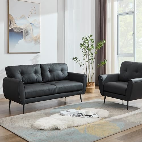 GRAVFORCE Sofa 2 Sitzer Prägunoserie Modernes Couch 2 Sitzer 154cm 2er für Wohnzimmer, Schlafzimmer, Büro, Wohnung Einfache Montage (Schwarz, Mit 1 Sessel)