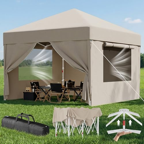 Devoko Belüftetes Netzfenster Faltpavillon, Pavillon 3x3 wasserdicht stabil Winterfest, Pop up Pavillon mit Seitenwänden, UV Schutz 50+, Partyzelt für Gärten, Innenhöfe, Camping. Beige