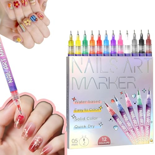 RoseFlower 12 Colours Nail Art Pens Set, 3D water-based Nail Art Markers, 0.5mm Fine Tip Waterproof Quick Dry Nail Polish Pen, Acrylic Marker Pen Nail Point Graffiti Pens for Real Nail Paniting-013