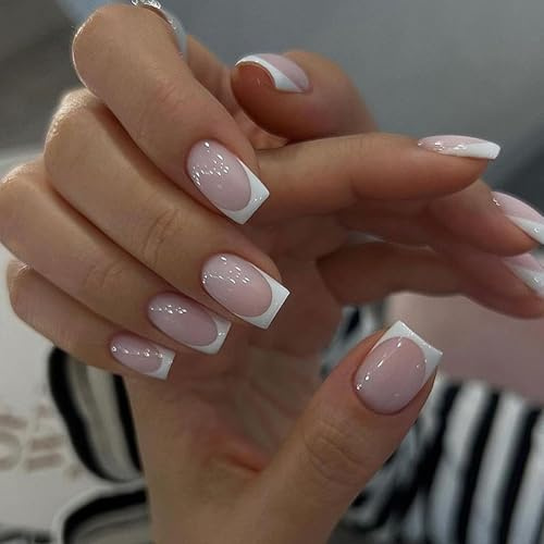 French Tip Nails - 24pcs Square False Nails - Pink French Tip Fake Nails - Glossy Full Cover Stick on Nail for Women Valentines Day Gift (Pink, French)