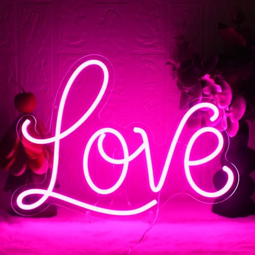 YUEYYNS Love Enseigne au Néon Rose Enseigne Lumineuse Neon à Intensité Variable USB LED Panneau Neon Love pour Chambre Valentin Mariage Décorations de Fête