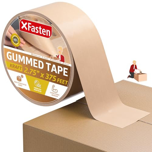 XFasten Ruban De Papier Gommé, 2,75 x 375 Pieds De Ruban D'expédition Brun Renforcé De Fibre De Verre, Ruban De Papier Brun Activé à L'eau Pour Boîtes D'emballage, Ruban Kraft
