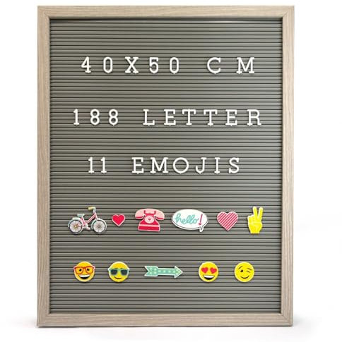 KNIGHT Message Letter Board, 188 White Letter, 11 Emojis, Grey Rustic Frame (40 x 50 CM)