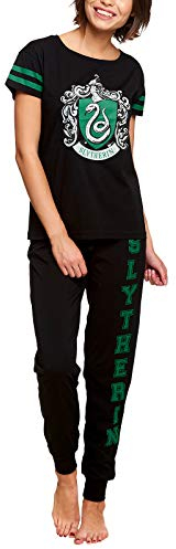 Elbenwald Harry Potter Pyjama Slytherin Häuserwappen Frontprint und Schriftzug auf Hose 2teilig für Damen Baumwolle schwarz - S
