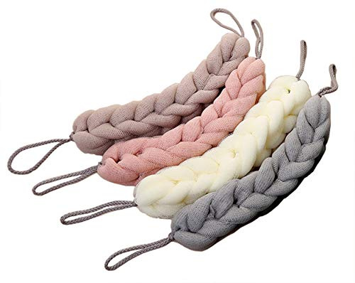 AARAINBOW Long Stretch Back Sponge 4 Packs, Loofah Shower Sponge with Rope Handles Back Scrubber Mesh Sponge Exfoliating Body Braided Loofah for Men and Women (1 White+1 Grey+1 Pink+1 Lotus Pink)