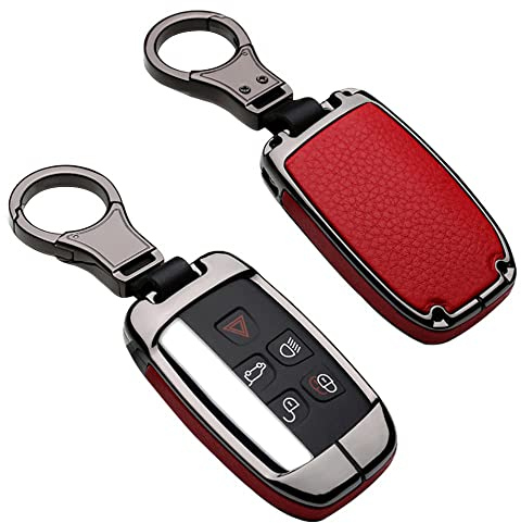 ontto 1 Stück Autoschlüssel Hülle Schlüssel Tasche für Defender Discovery Evoque LR4 Range Rover Sport Jaguar Metall Zink Legierung & Leder Schlüsselschutz Keyless mit Schlüsselbund -Black red
