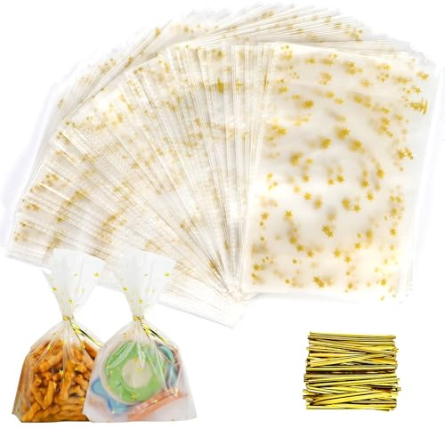 Faburo 120 Stück Bodenbeutel Weihnachten Gold Sterne 12 x 18 CM Weihnachts Beutel Keksbeutel Gebäckbeutel mit 120 Gold Kabelbindern