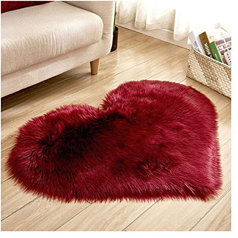 DAIHAN Faux Lammfell Schaffell Teppich Liebes-Herz-Wolldecken-Auflagen,flaumiges Weiches künstlicher Wolle-Schaffell-Teppich für Schlafzimmer Boden-Matte Weinrot 40 * 50cm
