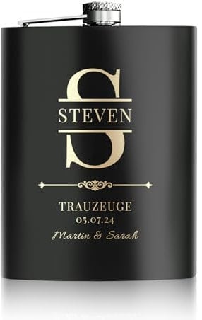 Personalisierter Flachmann Mit Gravur 227ml/8oz - Edelstahl Geschenk für Trauzeugen, Hochzeit und Junggesellenabschied (Schwarz)