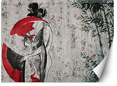 Feeby Papier Peint Intisse Femme Geisha Bambou 400x280 cm rouge Déco Murale Trompe L' Oeil Tapisserie Moderne Salon Chambrea' Coucherr Salle De Bain Cuisine Japon Kanji Texture
