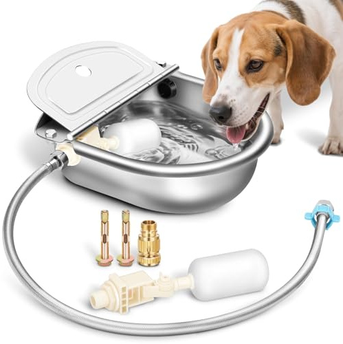 Automatic Animal Drinking Water Bowl with Float Valve, Stainless Steel Kit Includes Bowl, Standard Pipe, Replacement Valve, Quick Connector Adapter and Countersunk Bolts(Auto-Filling)