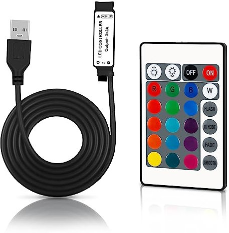 VIPMOON 24 Key - DC 5V IR Remote Controller with 1m USB Cable Wire, Inline Wireless RGB Remote Controller, Suitable for 5050 2835 SMD RGB LED Light Strip