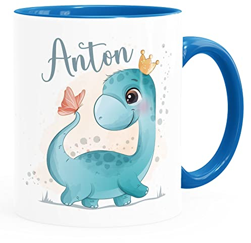 SpecialMe® Kindertasse Dino Dinosaurier Schmetterling personalisierte Tasse mit Name aus Keramik für Kinder Jungen Mädchen Jungen weiß-innen-blau standard