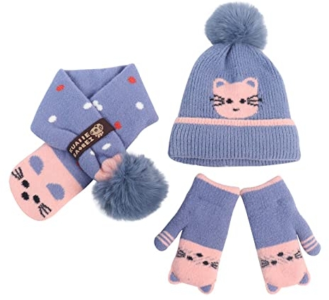 NautySaurs Mädchen-Zubehör-Set für kaltes Wetter, Thermo, gehäkelt, dick, flauschig, Bommelmütze, Schal und Handschuhe für Kleinkinder im Alter von 2–6 Jahren, Katzenblau, Einheitsgröße