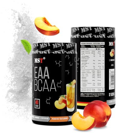 BCAA&EAA ZERO 520g | BCAA Pulver | EAA Pulver | Aminosäuren EAAs und BCAAs Vegan | Instant | 7,66 g Aminosäuren | Kein Farbstoff | mit vitamin B6 | Deutschland | (Peach Ice Tea)