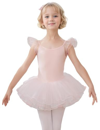 HIPPOSEUS Ragazza Vestito da Balletto Tutu Body Danza Bambina Classica Balletto Abito Manica Corta,Y-04WDM-Rosa, 10 anni