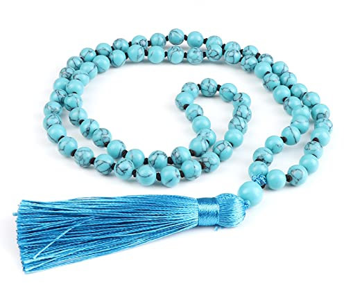 8 mm schwarze Linie, hellblaue Perlenkette, modisch, handgefertigt, geknotete Quaste, elastisch, Damen, Yoga-Armreif, Herren, Gebet, Mala, Schmuck, Geschenk, Halskette