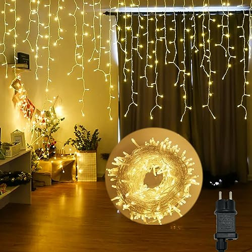 Hopelit Eisregen Lichterkette Außen 10m 400LED Warmweiß, Lichterkette Weihnachtsbaum mit Timer und Speicherfunktion für Innen und Außen Hochzeit, Traufe, Weihnachten, Treppe etc.