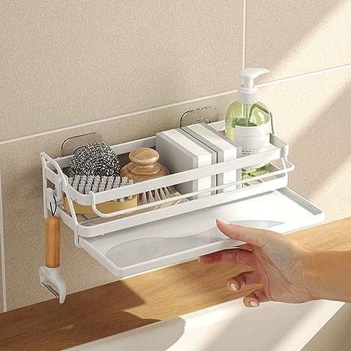 HMAKGG Spülbecken Organizer Hängend Weiß, Metall Schwammhalter Küche Spüle Organizer mit Haken und Abflusspfanne, Bad Waschbecken Organizer Wand Ohne Bohren