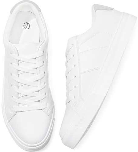 Adokoo Women's Fashion Sneakers PU Leather Casual Shoes White Tennis Low Top Shoes Womens Lace Up Sneakers(White,US8)