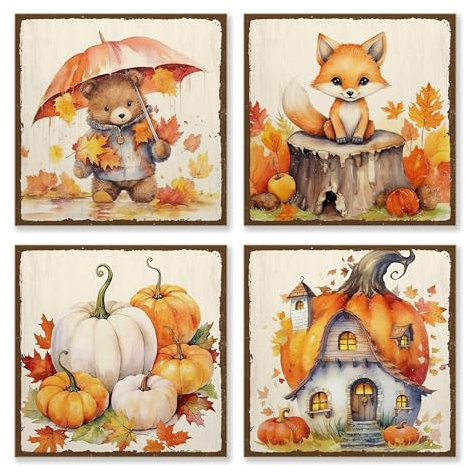 ARTFAVES® Schilder Set - Herbst Aquarell Kinder 1 | Herbst Dekoration Kinder Shabby Chic Vintage Holzbilder Collage Wandbilder | Größe: 19 x 19 cm
