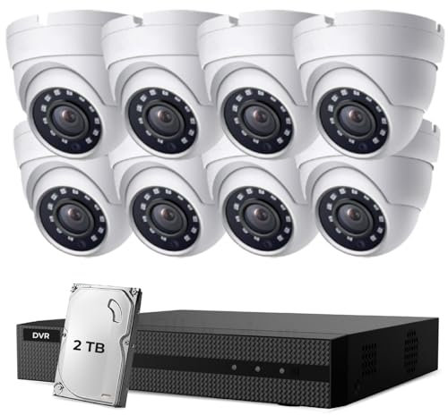 HIZONE PRO 8CH 1080P Security Camera System with Hard Drive 2TB, H.265+ 8 Channel DVR Recorder and Weatherproof CCTV Dome Cameras Indoor Outdoor, 80ft Night Vision (8Camera(White)+2TB)