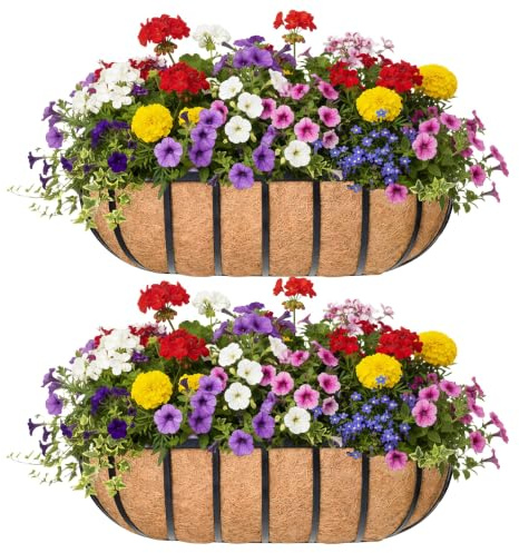 KIDYBELL 36“ Window Box Railing Planter with Coco Liner Metal Wall-Mounted Coconut Liner Planter Basket English Horse Trough Planter for Outdoor Deck Balcony Porch Fence Patio Black (2 Pack)