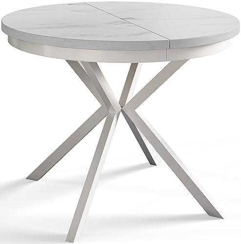 AlpiMeble Runder Esszimmertisch BERGO, ausziehbarer Tisch Durchmesser: 90 cm/170 cm, Wohnzimmertisch Farbe: Marmur, mit Metallbeinen in Farbe Weiß