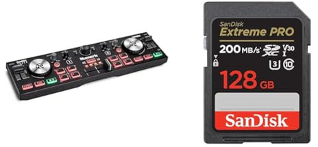 Numark DJ2GO2 Touch – Compact 2 Deck USB DJ Controller with Mixer & SanDisk 128GB Extreme PRO SDXC card + RescuePRO Deluxe, up to 200MB/s, UHS-I, Class 10, U3, V30