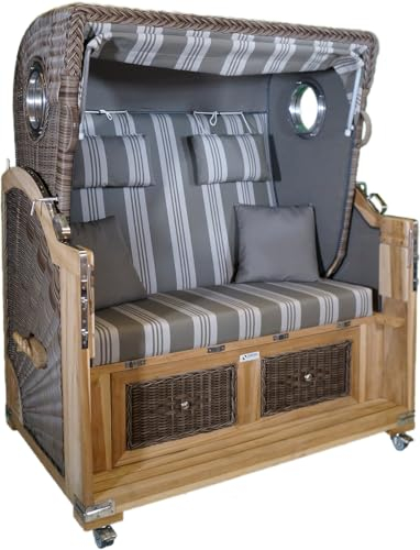 Strandkorb Teak XL grau Multistreifen 2½ Sitzer, koboo, Voll-Liegemodell