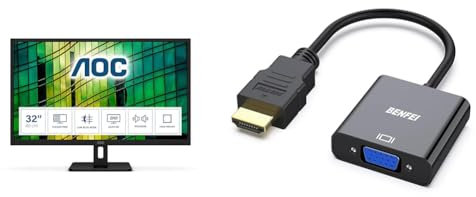 AOC Q32E2N - 32 Inch QHD Monitor, 75Hz, 4ms, IPS, Speakers, FlickerFree, LowBlue Light & BENFEI HDMI to VGA, Gold-Plated Adapter (Male to Female) for Computer, Desktop, Laptop, PC, Monitor