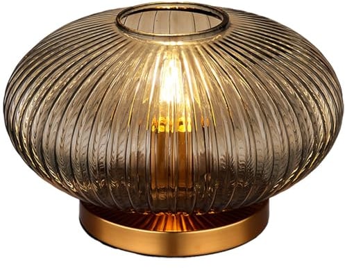 LED Tischlampe Rauchglas Retro Nachttischlampe Tischleuchte Wohnzimmer, Metall messing, 1x E27 Filament LED warmweiß, DxH 30 x20 cm