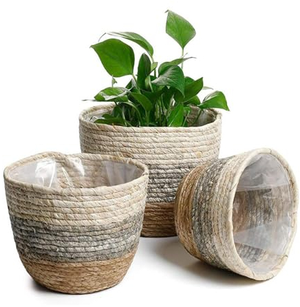 routinfly Blumentöpfe, Stroh Blumentopf Pflanzgefäße für Zimmerpflanzen Pflanzkörbe, Zimmerpflanzen Gewebter Pflanzkorb Rattan, Aufbewahrungskorb Töpfe Mehrzweck-Brautgras Brotkorb (L)