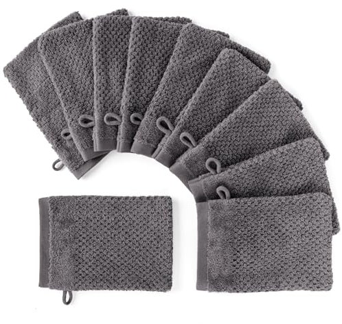 Pure Label 10-TLG. Waschhandschuh Waschlappen Set mit Anhängeschlaufe aus 100% Baumwolle, saugstark, weich und Oeko-TEX Zertifiziert - 10 Waschlappen aus Baumwolle 16x21cm, Anthrazit - Grau