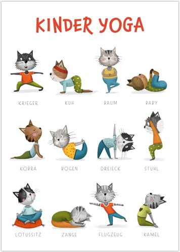 Rüsselfuchs Yoga Poster Kinder - Yoga Katze - Kinderyoga Poster Kinderzimmer - Katzenyoga Lernübungen - Bewegung fürs Schulkind (Grundschule) und Kindergarten - DIN A3