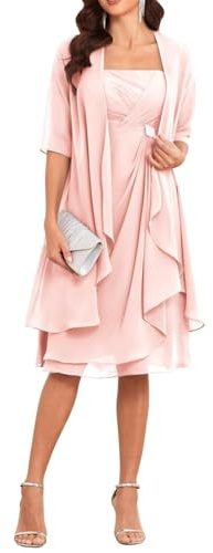 Robe de mère de la mariée avec veste, 2 pièces, manches mi-longues, longueur genoux, mousseline de soie, robe de mère du marié, Rose pâle., 42