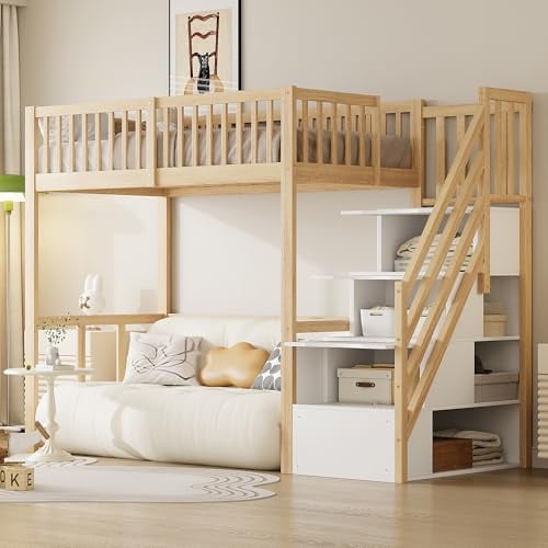 Merax Hochbett 90 x 200 cm, Multifunktionales Kinderbett mit Stauraum Treppe, Holzfarbe und Weiß (Ohne Matratze)