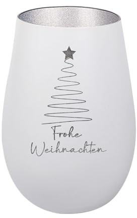 Der-Porzellan-Laden Windlicht mit Gravur Frohe Weihnachten Baum schlicht, Weiß Silber, Teelichthalter Weihnachten aus Glas, Weihnachtsdeko Tischdeko