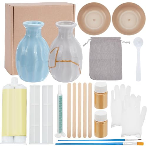 WEBEEDY Kintsugi Repair Kit Gold 17 Pcs Japanese Ceramic Repair Kit Restore Broken Ceramics with Gold Powder for DIY Kintsugi Repair Starter,Japanese Art Gift for Broken Ceramics Glass Jade Sculptures