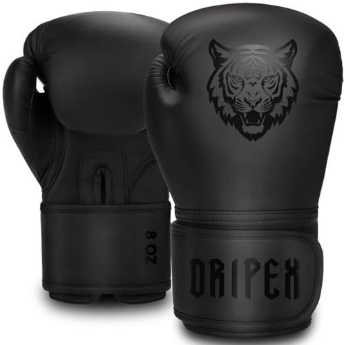 Dripex Boxhandschuhe, Boxsack Handschuhe PU-Leder, MMA Handschuhe Boxing Gloves Männer Damen für Boxen Muay Thai Kickboxen Sparring Kampfsport Training Schwarz(8 oz)