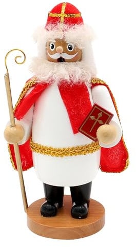 Dekohelden24 Holz Rauchfigur, Räucherfigur, Räuchermännchen, Räuchermann als St. Nikolaus mit Stab und Bibel in der Hand im roten Gewand, L/B/H 11 x 8 x 20 cm.