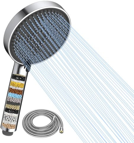 Duschkopf mit Filter, Wassersparender Duschkopf 5 Strahlarten, Hochdruck Handbrause mit Schlauch, Duschbrause für hartes Wasser, Restchlor, Schwefelwasserstoff, Schwermetalle