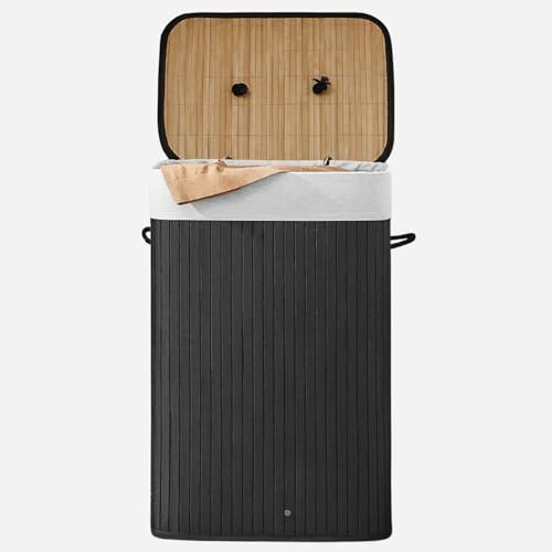 Comart - Portabiancheria Bamboo - 72 L - 1 Scomparto - Cesto Salvaspazio - Pieghevole - con Coperchio e Maniglie - Fodera Interna Rimovibile - Porta Panni e Bucato - per Lavanderia e Bagno - Nero