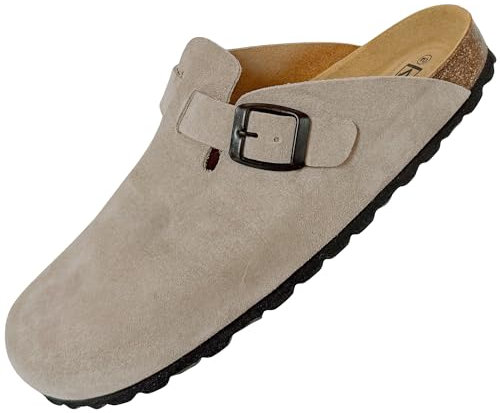 GONKOS®, Leder Clogs Damen Herren Clogs & Pantoletten, Veloursleder, echtes Leder, Naturkork, Pantoletten Herren Damen, Qualitätssandalen Made in Spain, Farbe Veloursleder Stein Größe 42