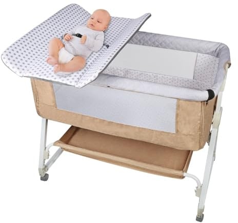 WODFARR Berceau Cododo 4 en 1, Lit Bébé avec Table à Langer et Rangement, 6 Niveaux de Hauteur, Lit Cododo Multifonction avec Moustiquaire (95x50x98-110 cm - Beige)