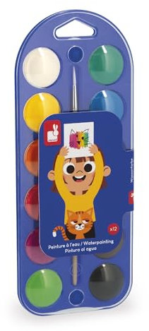 Janod Paleta de Pintura al agua-12 Pastillas y Pincel incluidos-Fácil de Usar y Lavable-Tapa útil para Mezclar Colores-Manualidades y Actividades creativas-J07409, Multicolor (JURATOYS J07409)