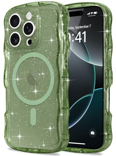 Pepmune for iPhone 16 Pro Max Case Clear Bling Compatible with Magsafe | Soft TPU Curly Wavy Frame & Hard PC Back,Sparkle Glitter Magnetic Cover,Slim Shockproof Wave Phone Case-Dark Green