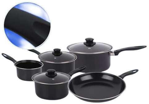 8 Piece Carbon Steel Cookware Set with Lids & Bakelite Handle - Non Stick Cooking Saucepan Set Pot and Frying Pans | Suitable for Gas, Electric, Halogen and Solid Hotplates - Tempered Glass Lid, Black